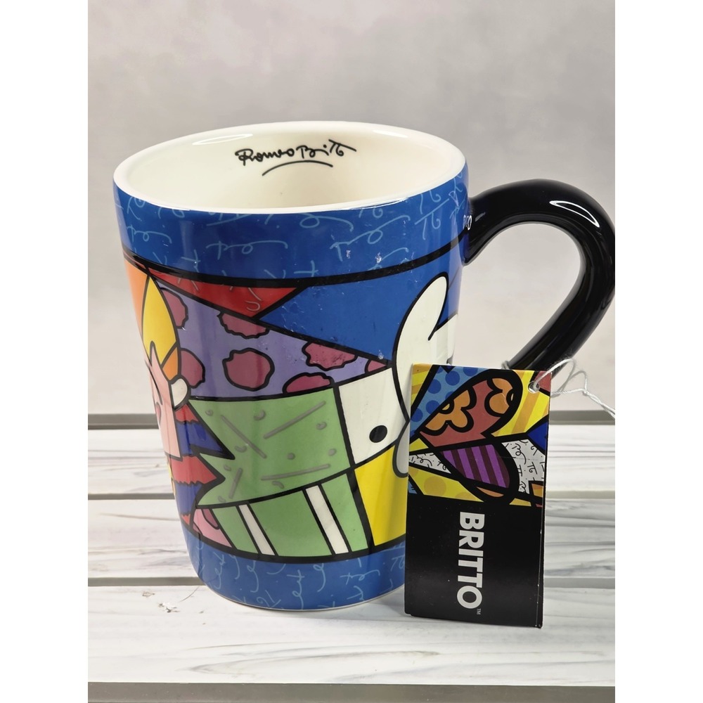 NWT Romero Britto The Hug Mug Black Background Art Coffee Cup